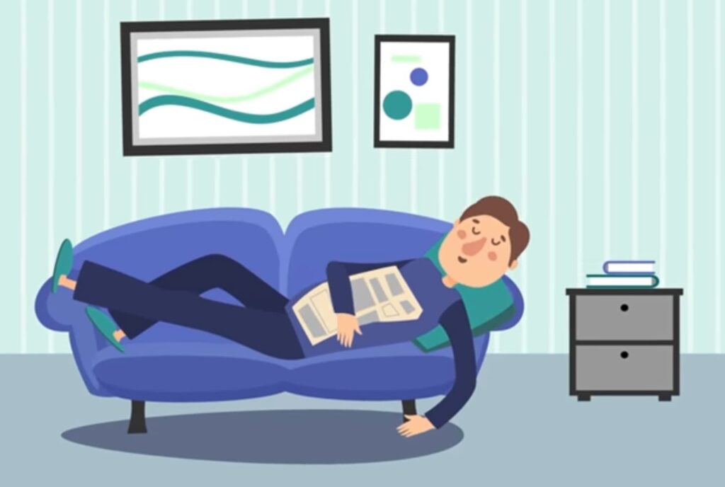 A cartoon of a relaxed person lying on a blue couch, with a content expression, holding a newspaper