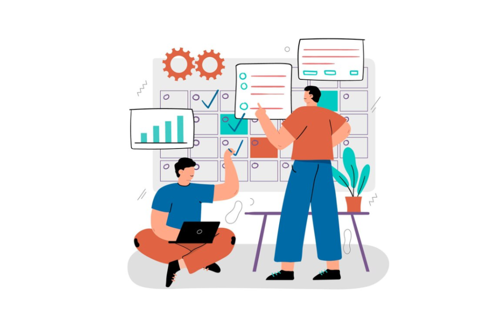 Illustration of two people discussing data and charts on a large board with post-its