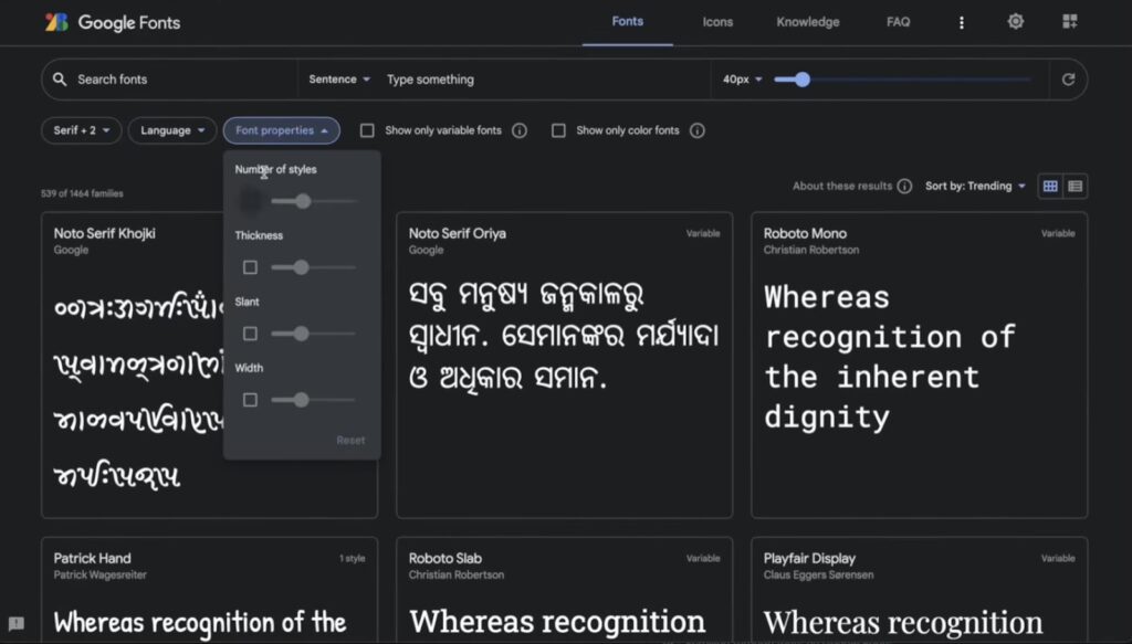 A screenshot of the Google Fonts interface displaying a variety of fonts