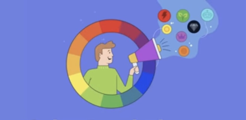 a cartoon man holding a megaphone that emits a spectrum of colors forming a circular shape
