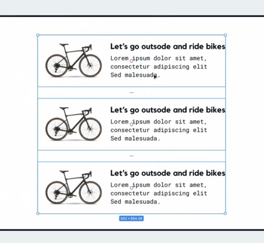 A design layout showing three examples of text alignment with a bicycle image