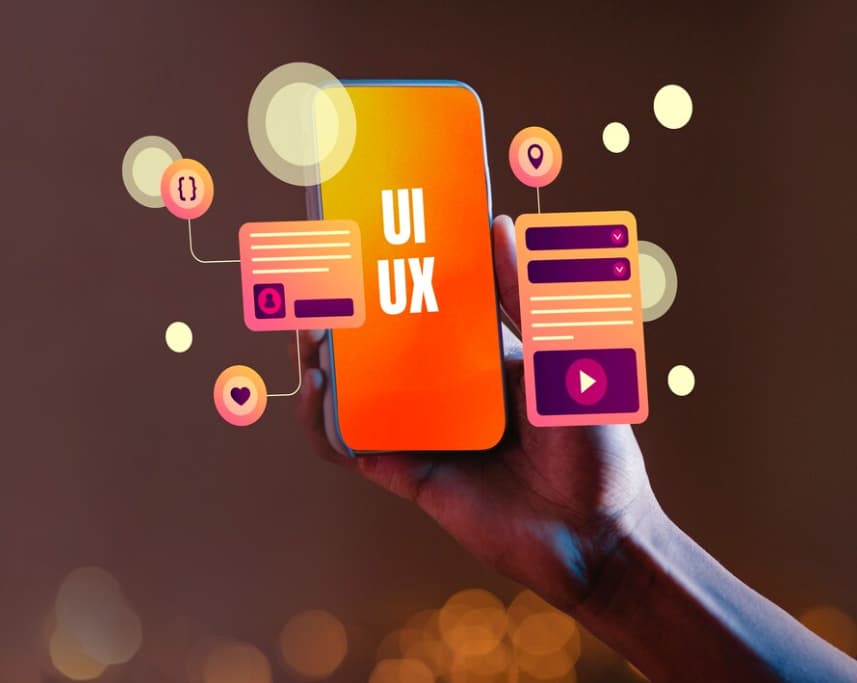 hands holds a phone connected with pages with lines, ui ux on phone screen