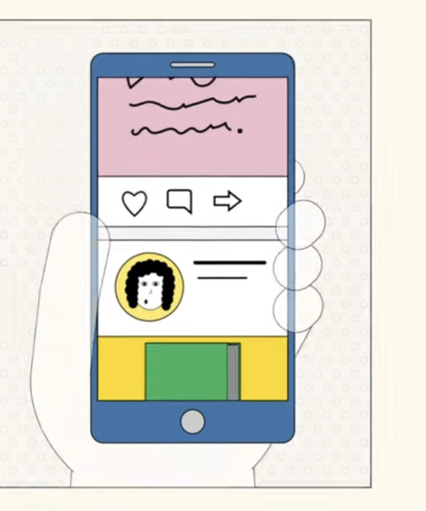 cartoon illustration of a hand holding a smartphone displaying a social media profile with an avatar