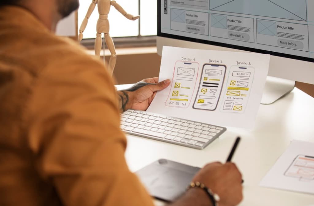 designer's hands holding UX interface sketches, with a computer keyboard and stylus in background