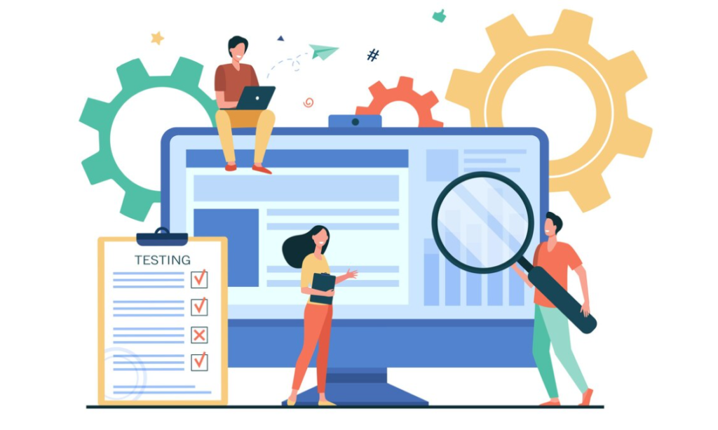 woman and man engaging with a large webpage interface, with gears and a checklist labeled "Testing"