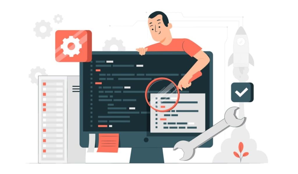 man with magnifying glass on the computer screen, the webpages on it